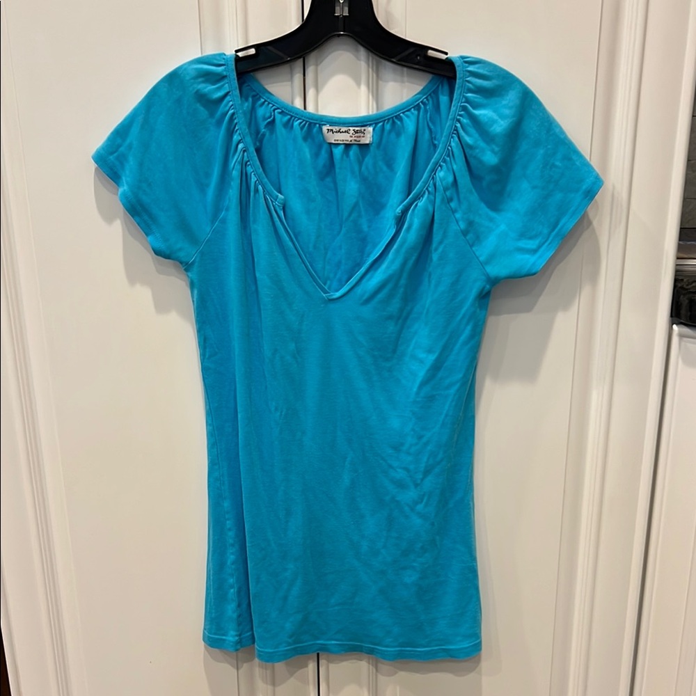 Michael Stars Blue Fitted Ruched Puff Sleeve Blouse